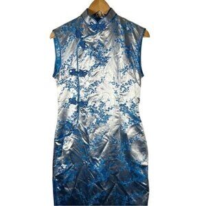 GOLDEN DRAGON vintage Blue silk Mandarin dress Size 40
